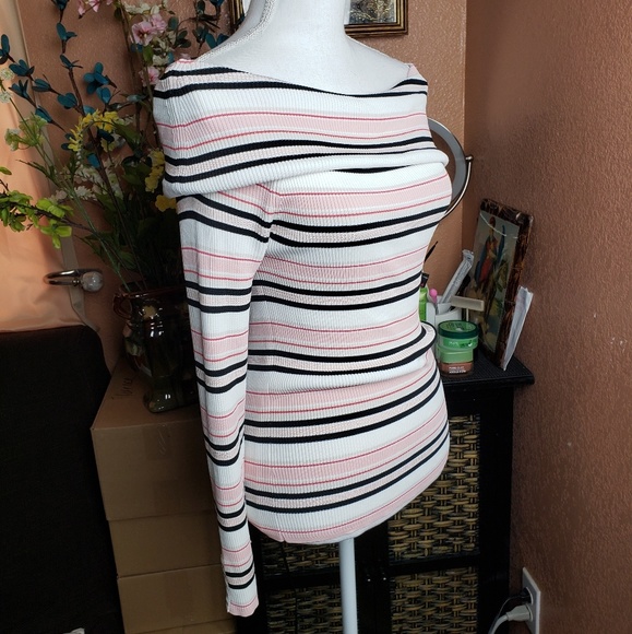 White House Black Market Off-Shoulder Striped Top - Black, White, Pink - Picture 2 of 3